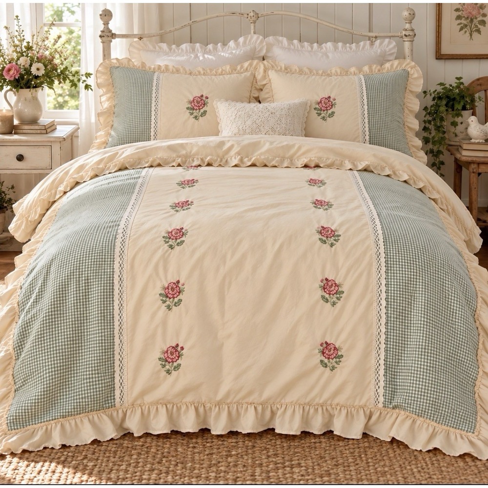 Shabby Chic Cottagecore Queen Duvet + 2 Shams Floral Gingham 100% Cotton